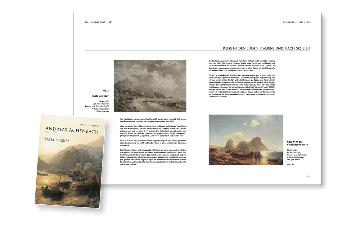 Blick ins Buch „Andreas Achenbach – Italienreise“ Seiten 68 und 69 mit zwei Zeichnungen. Abgebildet sind eine SW-Darstellung der Küste von Capri und das Foto eines farbigen Gemäldes mit Fischerboot und Fischern an der Kalabrischen Küste.