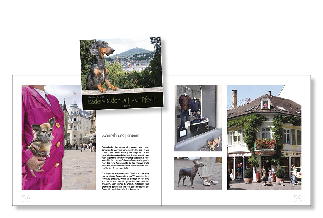 Blick ins Buch „Baden-Baden auf vier Pfoten“ Seiten 58 und 59 des Bildbandes mit mehren farbigen Fotos. Abgebildet sind Mode Wagener, Schaufenster Wagener, Alte Hof-Apotheke und jeweils 1 Hund.