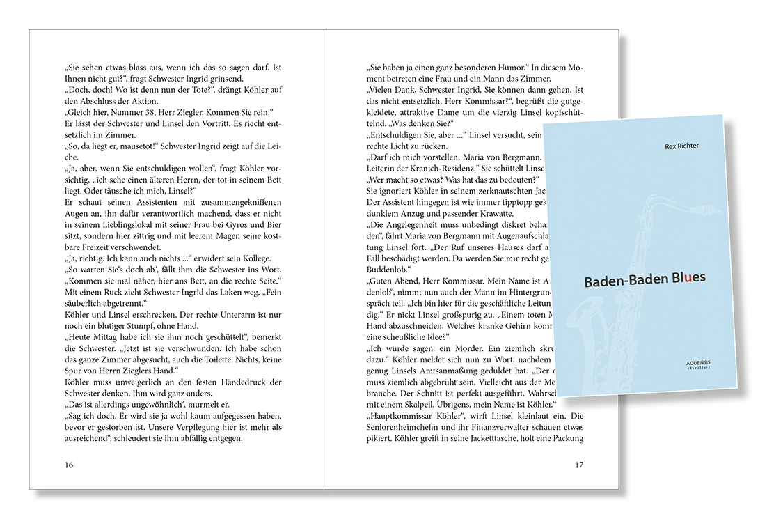 Blick ins Buch „Baden-Baden Blues“ Seiten 16 und 17 des Buches mit einem kleinen Foto des Covers auf der rechten Seite.