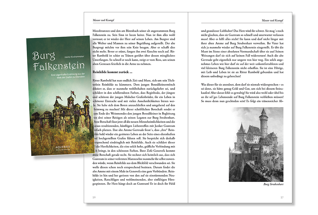 Seiten 56 und 57 des Buchs mit Text und einer SW-Zeichnung einer Burganlage