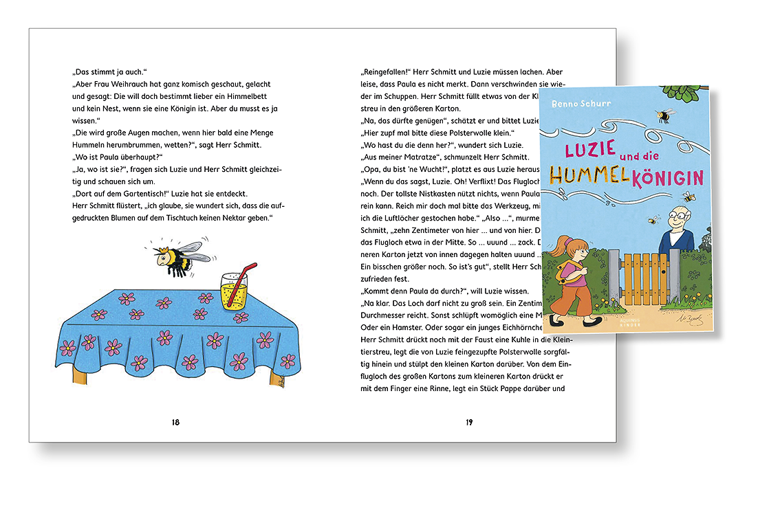 Auf der bunten Zeichnung auf Seite 18 fliegt eine Hummel über einer mit Blumen bedruckten Tischdecke. Auf dem Tisch steht ein Glas mit gelber Limonade.