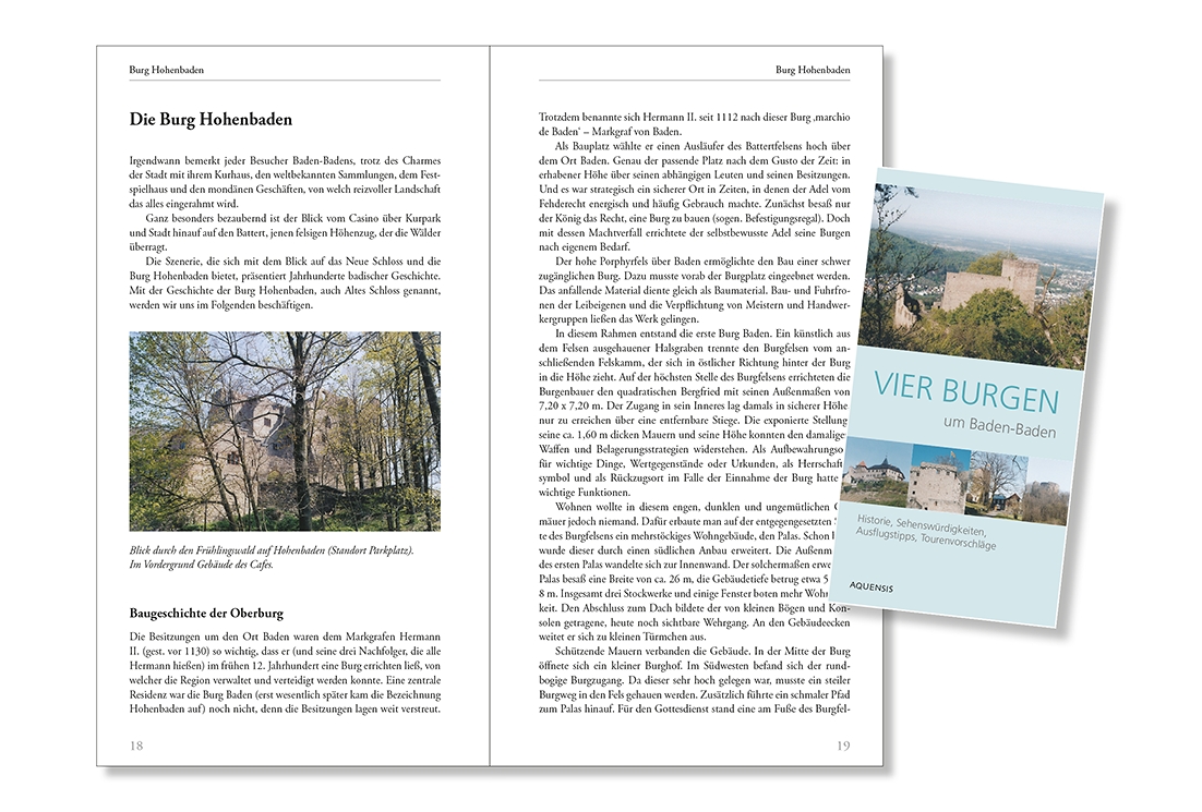 Seiten 18 und 19 des Buchs mit Text und einem Farbfoto vom bewaldeten Schloss Hohenbaden