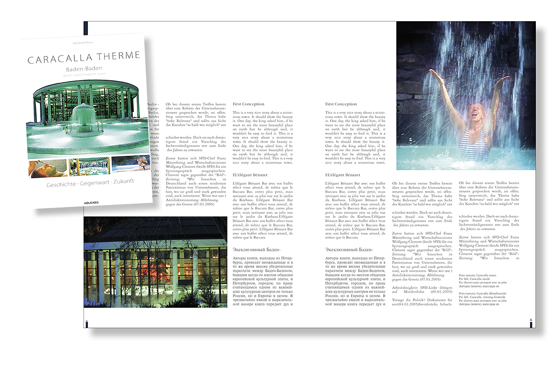 Blick ins Buch „Caracalla Therme“ Eine badende Frau unter einem künstlichen Wasserfall und die Therme bei Nacht. Diese Farbfotos finden sich auf den dargestellten Buchseiten nebst einem kleinen Foto des Covers.