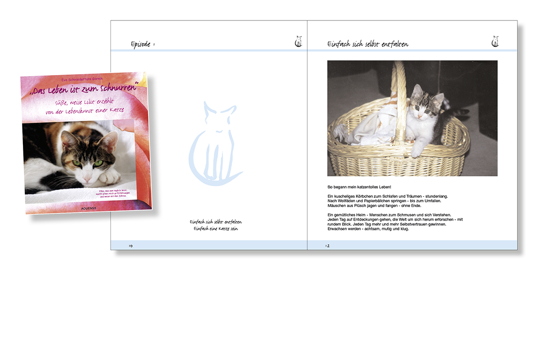 Blick ins Buch „Das Leben ist zum Schnurren“ Aufgeschlagene Buchseiten mit einem großen Farbfoto einer grau-weißen kleinen Katze, die aus einem Weidenkorb herausschaut.