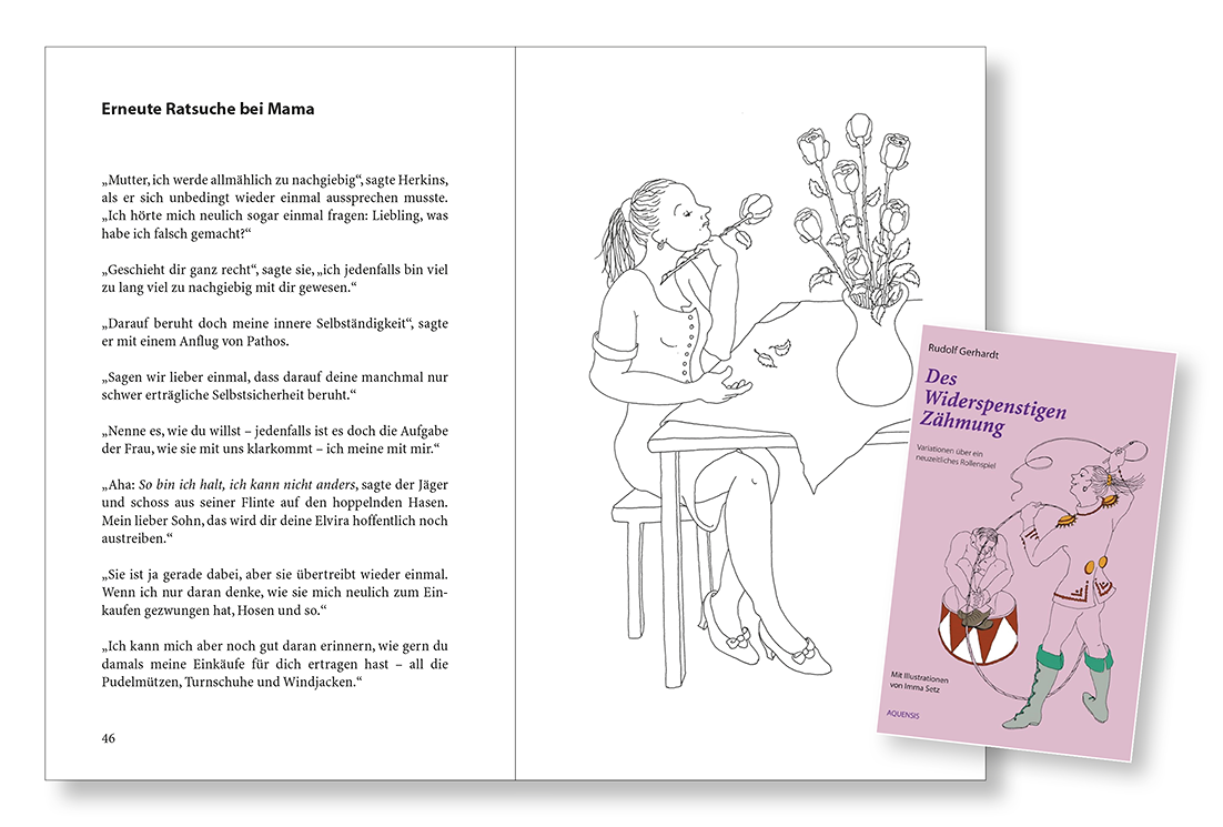 Seiten 46 und 47 des Buchs mit der SW-Zeichnung einer jungen Frau am Tisch vor einer Blumenvase mit Rosen.