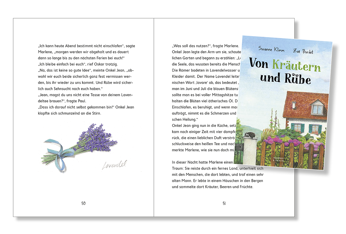 Seiten 50 und 51 des Buches mit der Zeichnung eines Lavensträußchens und dem verkleinerten Titel auf der rechten Seite.