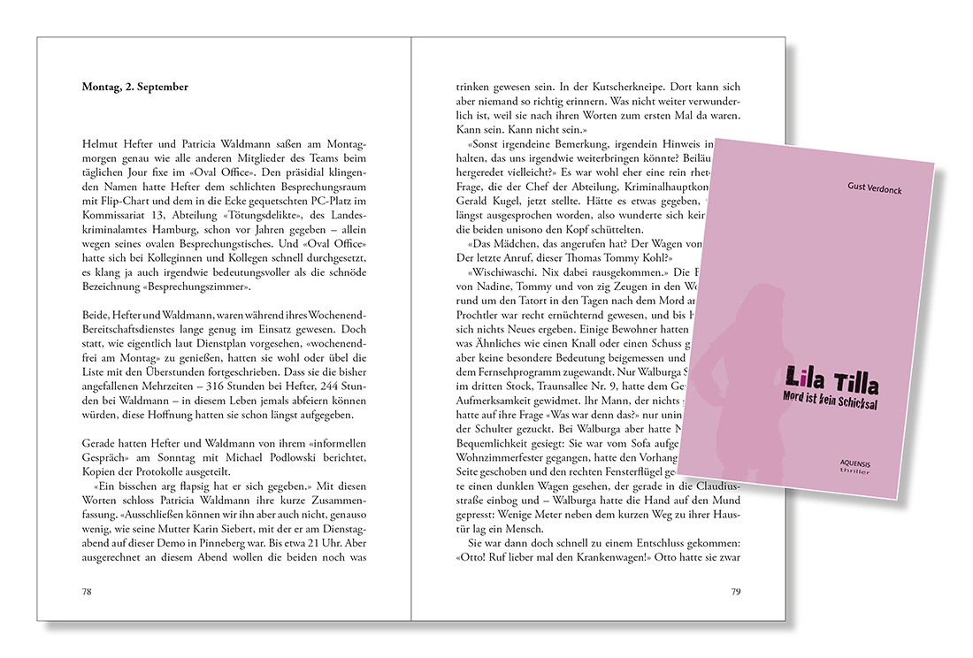 Blick ins Buch „Lila Tilla“ Seiten 78 und 79 des Buches mit kleiner Abbildung des Covers auf der rechten Buchseite