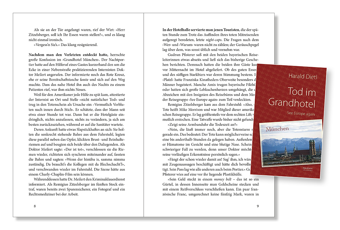 Blick ins Buch „Tod im Grandhotel“ Seiten 8 und 9 mit eingearbeitetem kleinen Bild des Covers auf der rechten Buchseite.