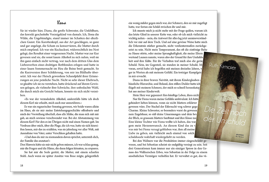 Blick ins Buch „Die Zeit nach der Unschuld“ Seiten 18 und 19 des Buches mit kleiner Abbildung des Covers - eine junge Frau mit langen schwarzen Haaren und weißem Kleid.