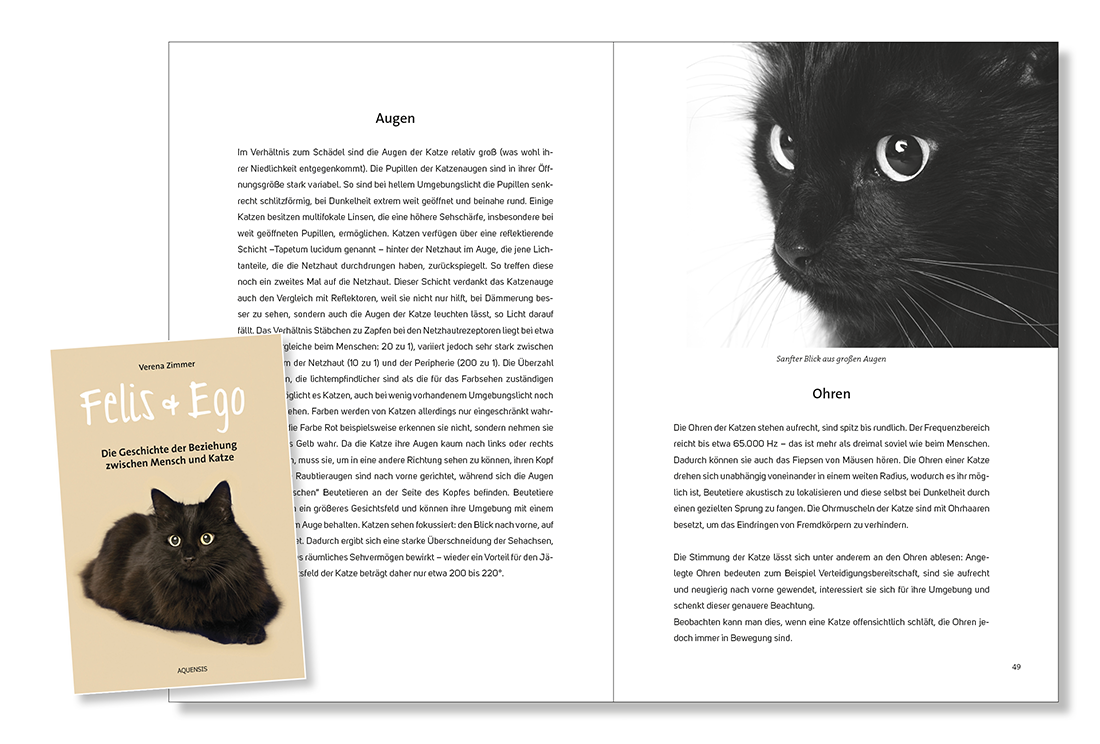 Blick ins Buch „Felis & Ego“ Seiten 48 und 49 mit Foto des Gesichts einer schwarzen Katze auf der rechten und einem verkleinerten Cover auf der linken Buchseite.