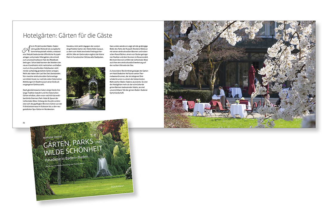 Seiten 72 und 73 des Buches mit Farbfotos vom Garten des Brenners Park Hotels, umrahmt von weiß blühenden Zweigen, und einer Brücke über die Oos.