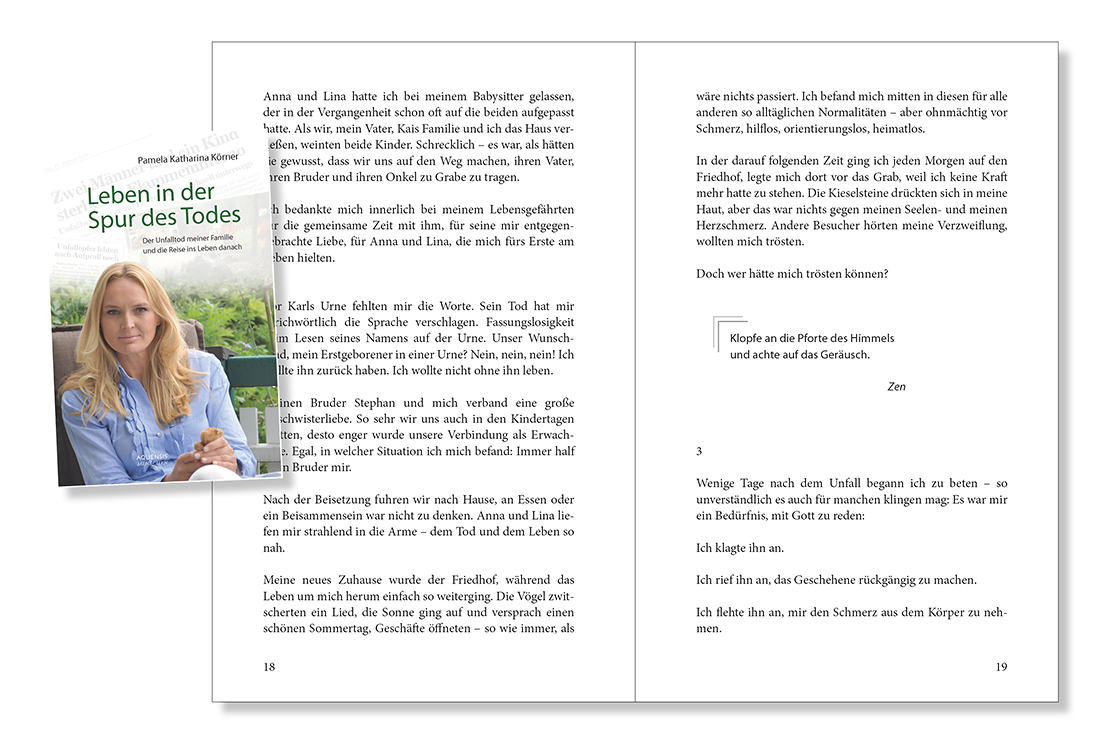 Blick ins Buch „Leben in der Spur des Todes“ Seiten 18 und 19 des Buches mit einem kleinen Fotos des Covers auf der linken Seite.