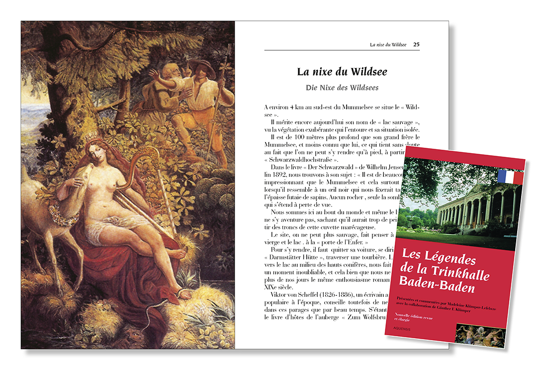 Seiten 24 und 25 des Buches. Links eine ganzseitige Abbildung des Gemäldes zur Sage der Nixe des Wildsees.