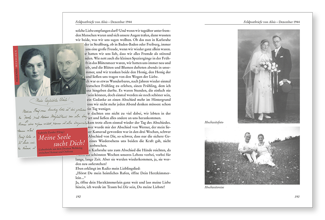 Blick ins Buch „Meine Seele sucht Dich!“ Seiten 192 und 193 des Buches mit SW-Fotos eines Brautpaares nach der Trauung und auf der Hochzeitsreise, sitzend auf einer Wiese.