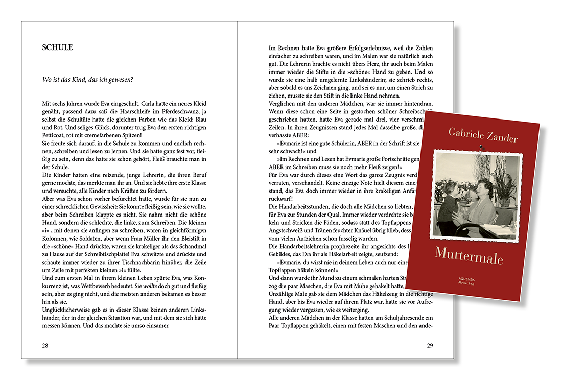 Seiten 28 und 29 des Buches mit kleinem Bild des Covers auf der rechten Buchseite.