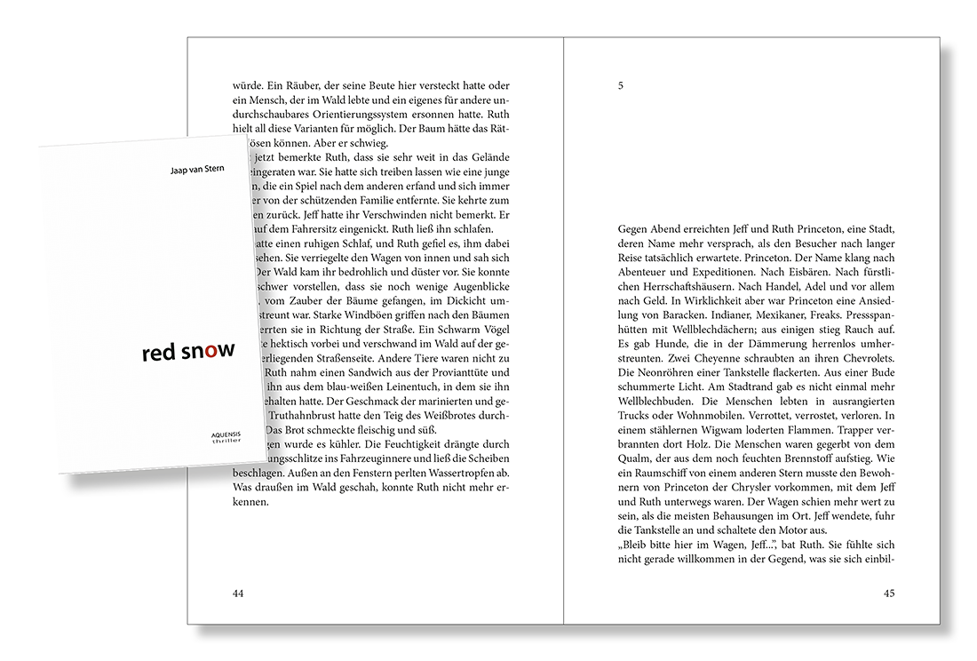 Blick ins Buch „red snow“ Seiten 44 und 45 mit kleinem Bild des Covers auf der linken Seite