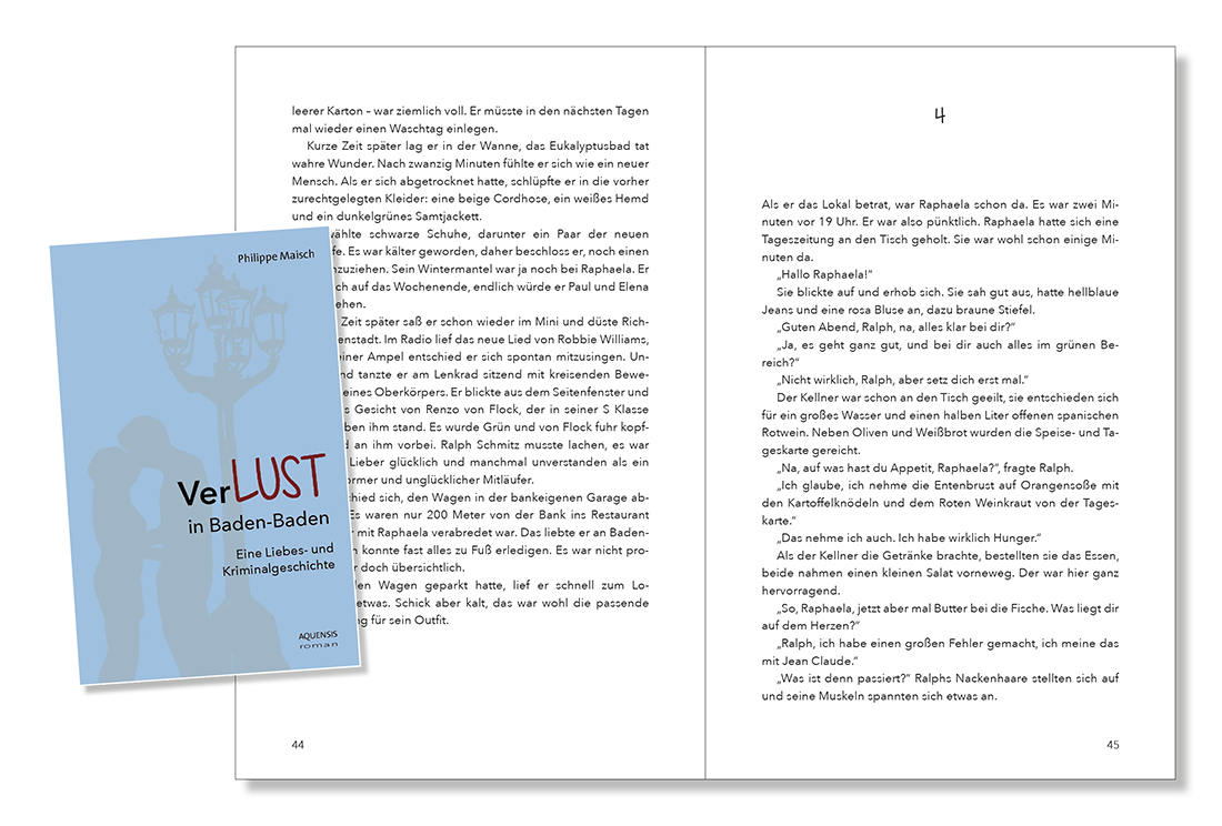 Seiten 44 und 45 mit eingearbeitetem kleinen Cover auf der linken Buchseite.