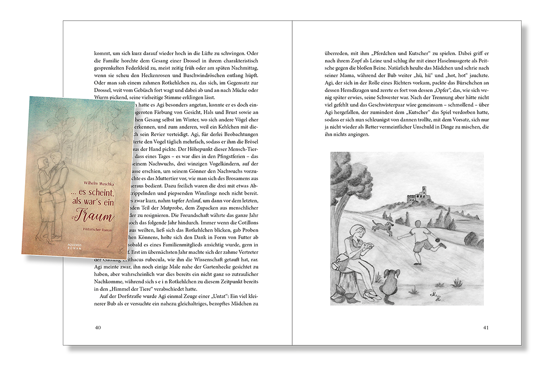 Seiten 40 und 41 des Buchs mit einer SW-Zeichnung spielender Kinder mit Hunden auf der rechten Buchseite. Links eingearbeitet ein kleines Foto des Covers.
