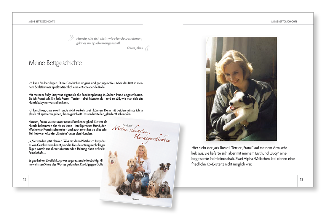 Seiten 12 und 13 des Buches mit einem Farbfoto der Autorin mit einem Jack Russell Terrier im Arm. Unten ein kleines Fotos des Buchcovers. Hera Lind sitzend, umrahmt von 8 Hunden.