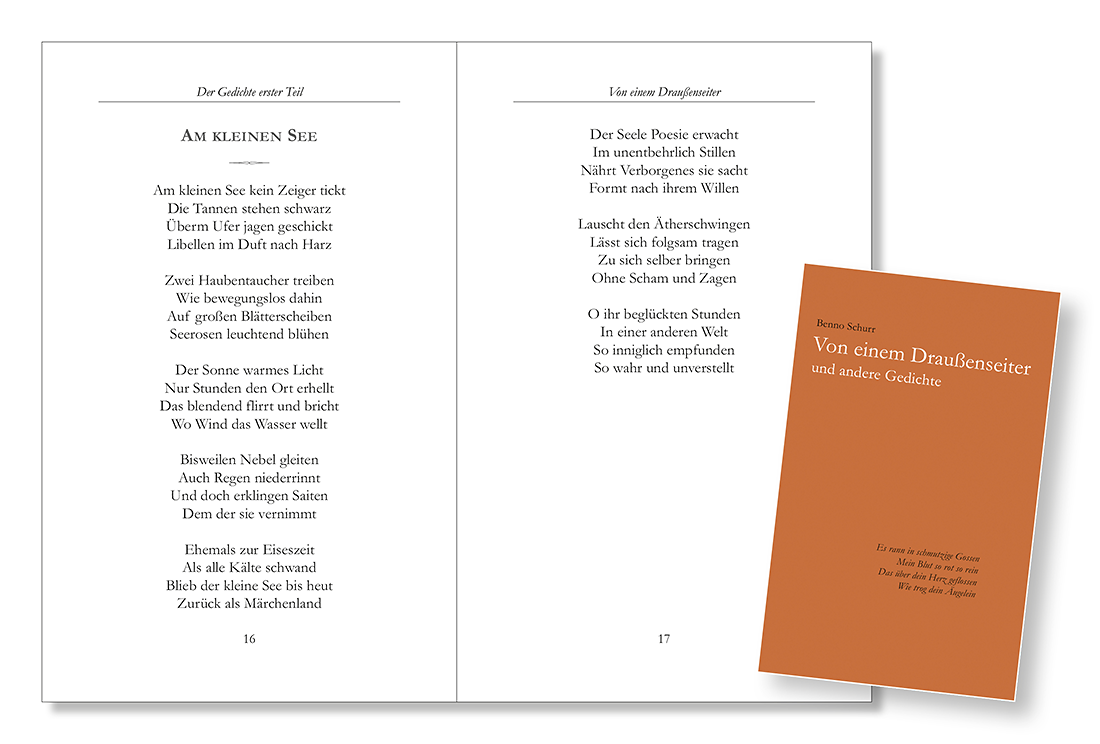 Seiten 16 und 17 des Buches mit dem Gedicht "Am kleinen See". Auf der rechten Seite eingearbeitet ein kleines Foto des Covers.