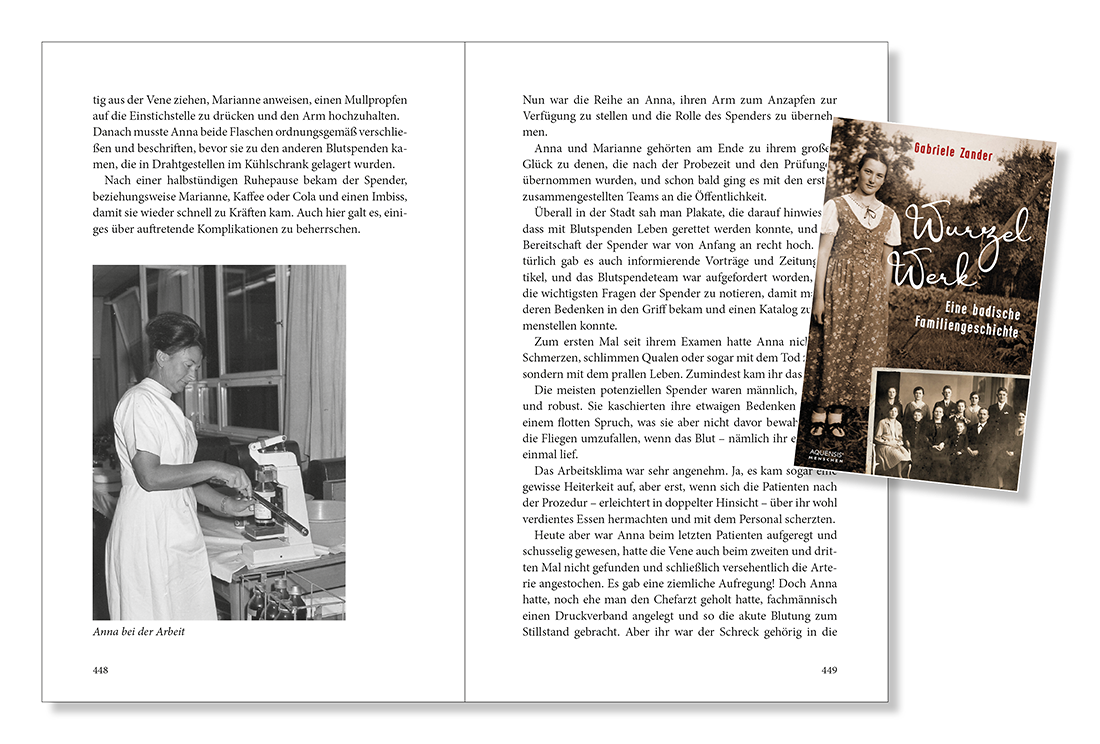 Seiten 448 und 449 des Buchs mit einem SW-Foto einer Frau in weißem Kittel bei der Arbeit beim Blutspendedienst.