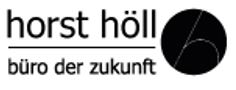 Schwarz-weißer Schriftzug der Firma Horst Höll mit stilisierter Büroklammer in schwarzem Punkt
