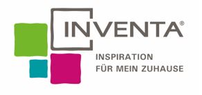 Grauer Schriftzug der Inventa mit vier unterschiedlichen Quadraten in pink, türkis und grün