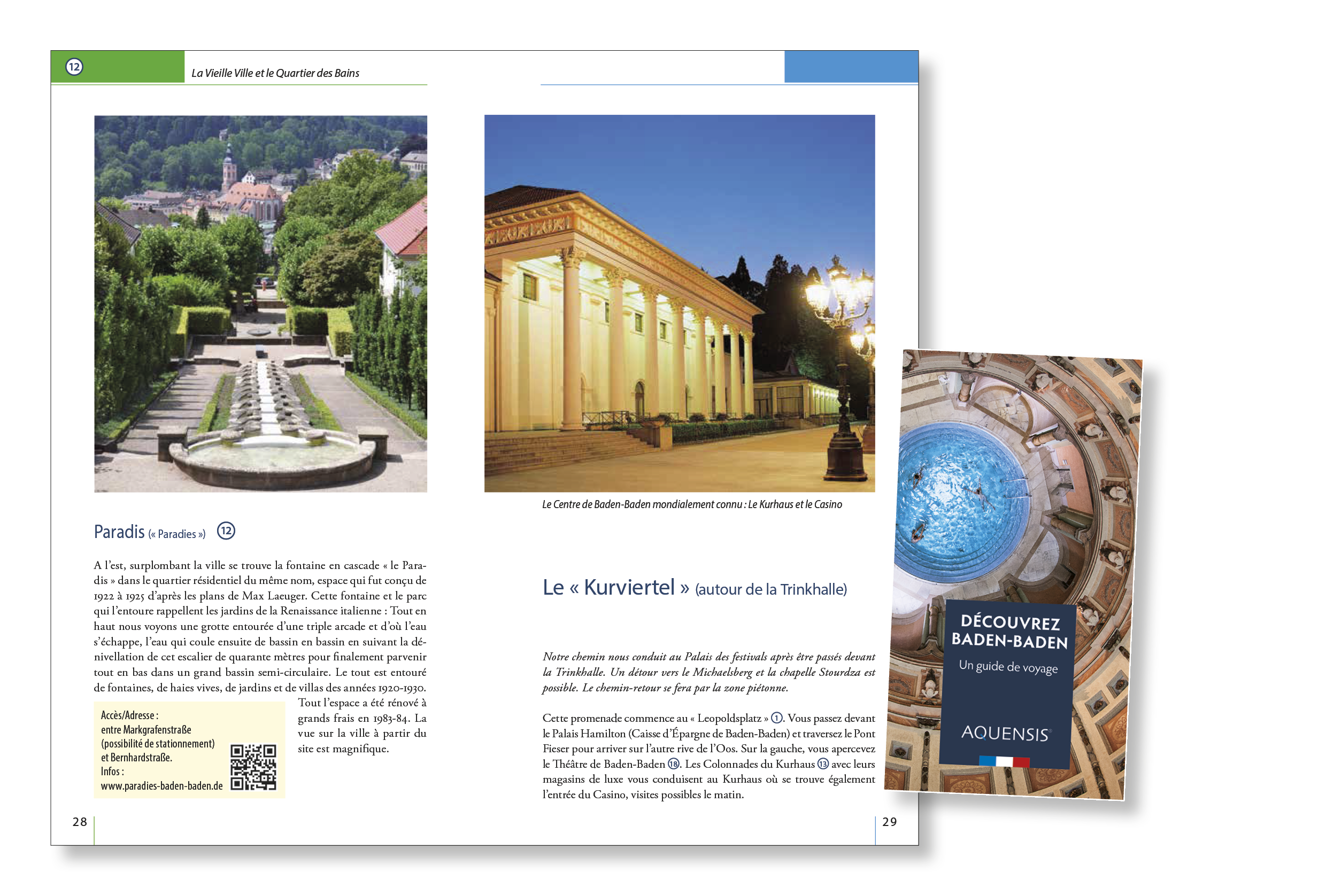 Blick in den Stadtführer mit Abbildung Kunstwasseranlage Paradies und beleuchteter Trinkhalle mit Kandelaber.