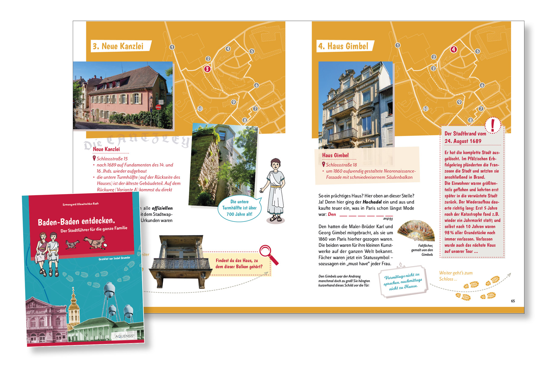 Blick ins Buch „Baden-Badenentdecken“ Innenansicht des Familienstadtführers mit verschiedenen Häusern, Plänen und Erklärungen.
