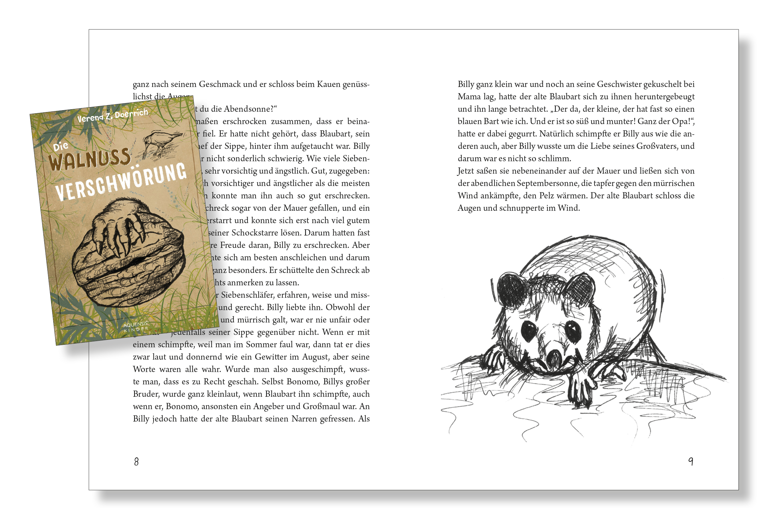 Seiten 8 und 9 mit der Zeichnung eines Siebenschläfers und kleiner Abbildung des Covers.